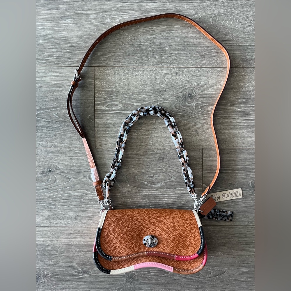 Coach Pebbled Leather Colorblock Saddle Crossbody Bag - Brown/Pink - Picture 3 of 15